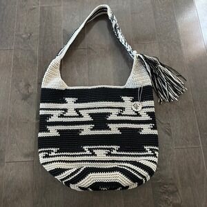 The Sak Made in Bali Western Hobo‎ Bag Crochet Braided Tassel Black Cream